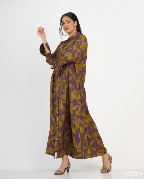 Printed Polyester Button Down A Line Dress 57421